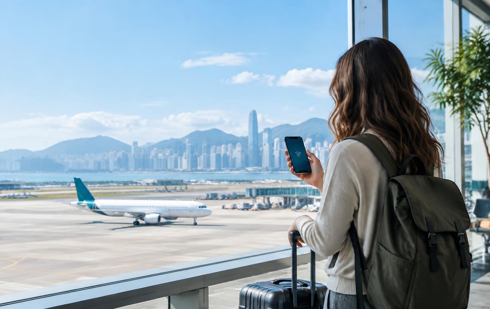 International traveler preparing to connect with an eSIM at the airport